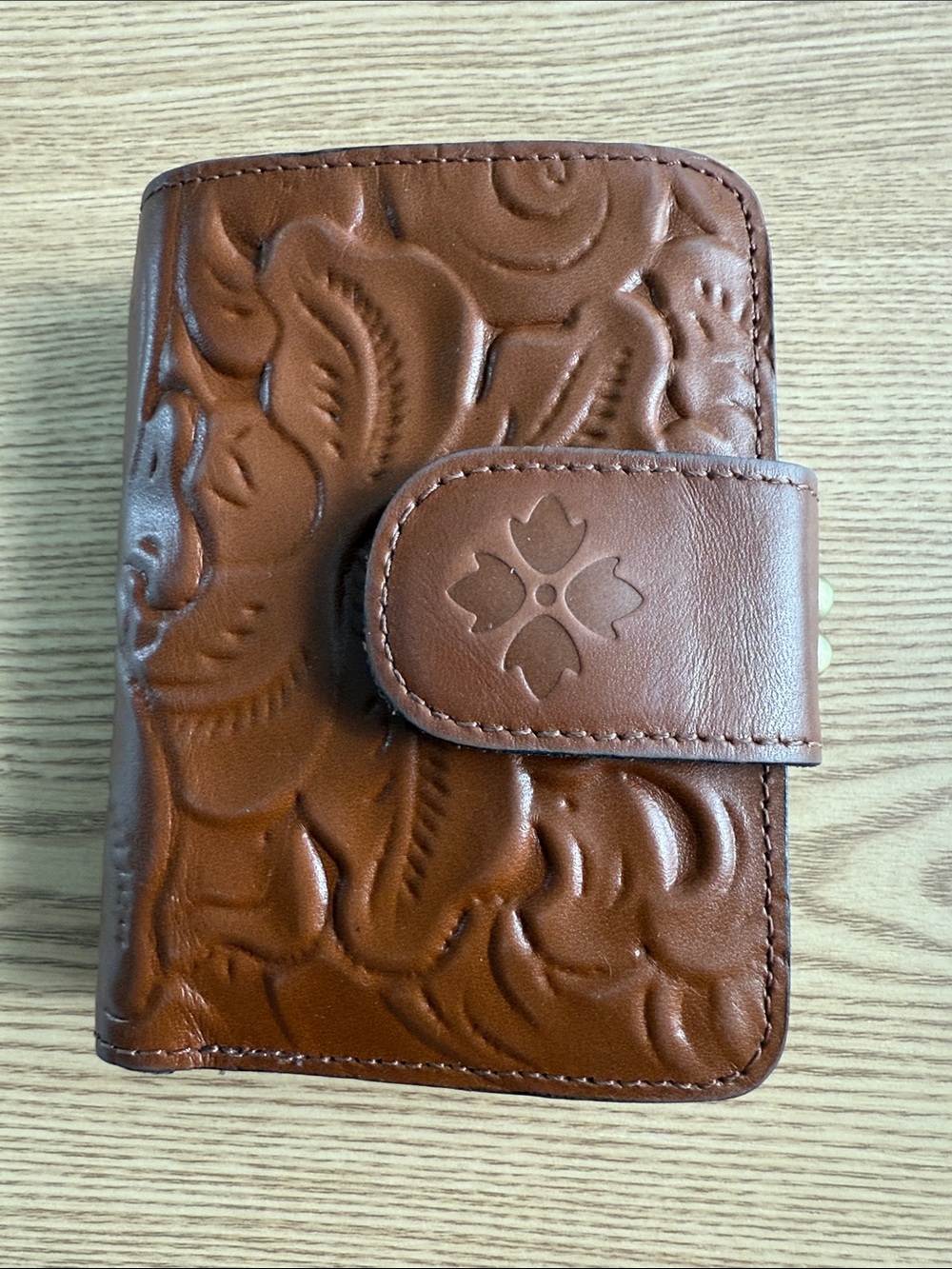 Patricia Nash Embossed Floral Brown Leather Snap Wallet